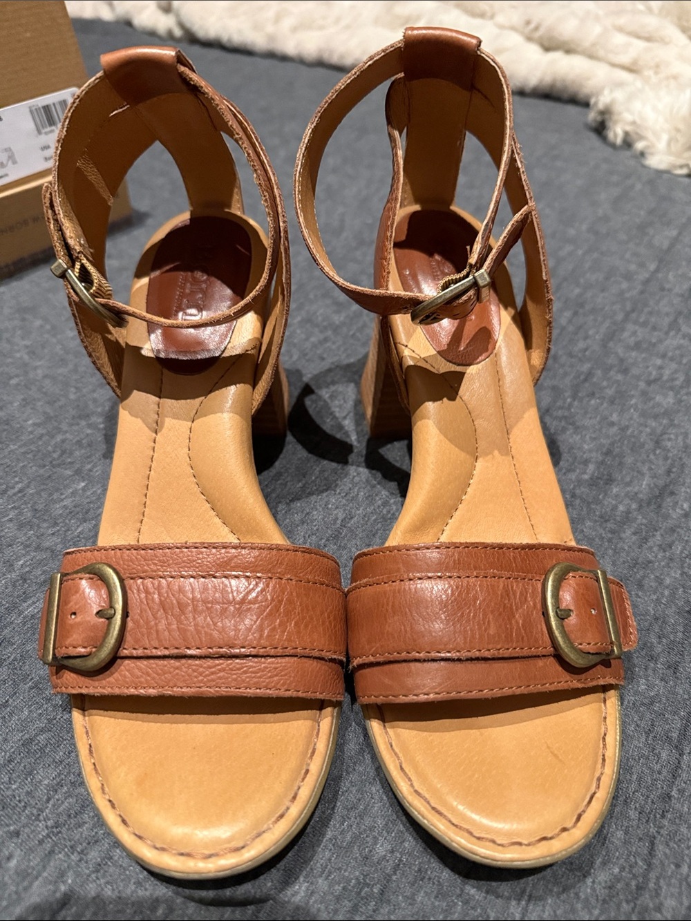 Born Tahlia Brown Leather Ankle-Strap Block Heel Sandals